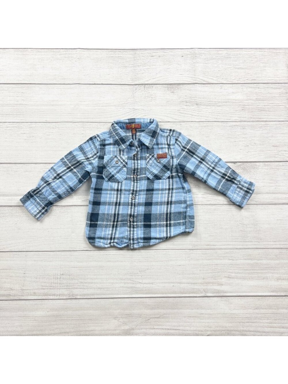 7 For all Mankind 7Fam Blue Plaid Button Down Cotton Shirt 18-24 Months